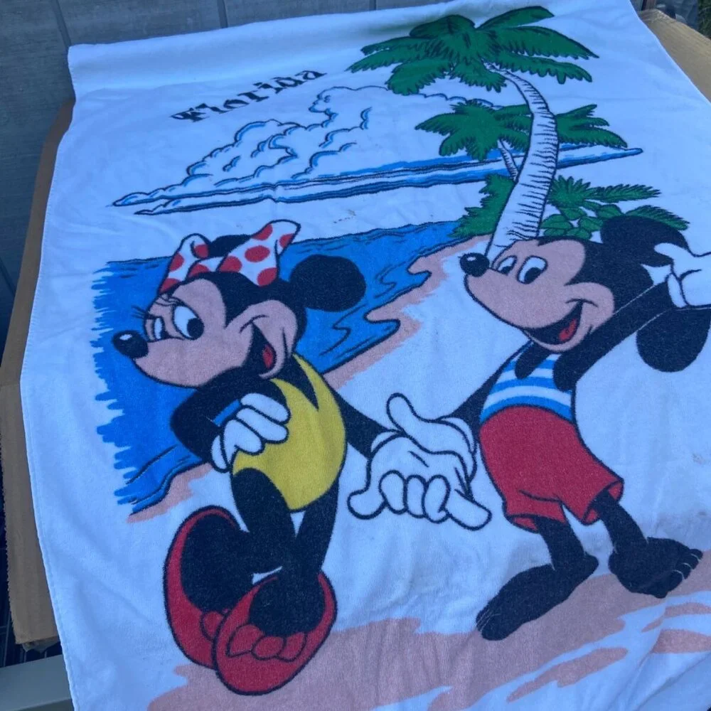 Vintage 90s Disney Retro Beach Towel Mickey Minnie Mouse Florida Palm Tree
